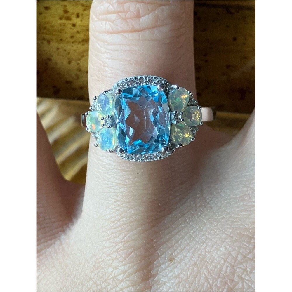 Natural Sky Blue Topaz Ethiopian Opal Sterling Silver Ring Size 8